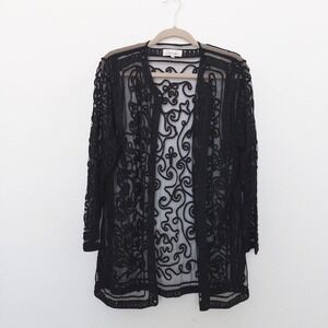 Vintage Sheer Cardigan Size L Black Lace Velvet Burnout Whimsigoth Fairy Grunge‎